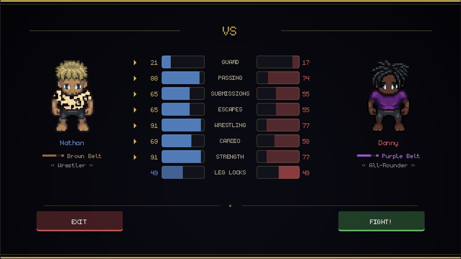 Pre-match VS screen comparing eight stats, belt ranks and archetypes for two fighters